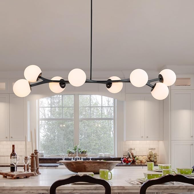 Lingkai 56" Large Black Modern Linear Chandeliers for Dining Room, Mid Century Modern Chandelier Pendant Light, 8-Light Globe Chandelier for Living Room Kitchen