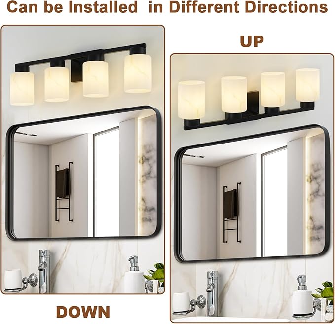 4-Light Bathroom Light Fixtures, Modern Vanity Lights, Black Metal Wall Lamp with White Marble Glass for Bathroom, Mirror, Living Room, Bedroom, Cabinet, Porch, Hallway, E26 Base