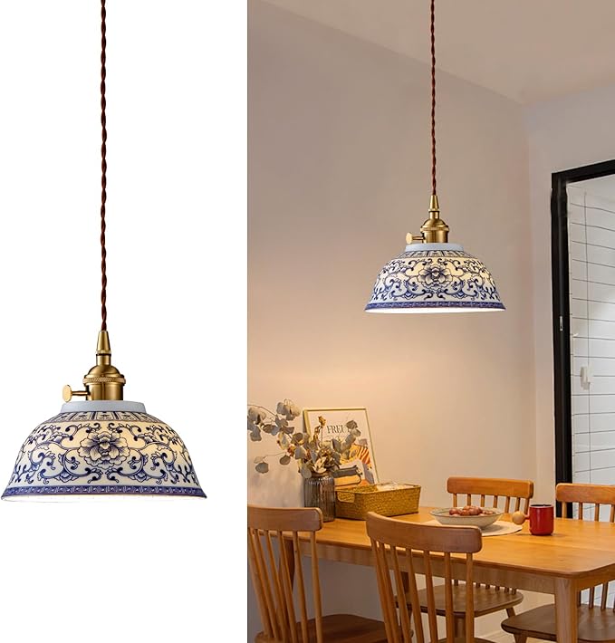 7in Ceramic Pendant Light, Chinese Blue and White Porcelain Pendant Light fixtures, Bedside Light, Hanging lamp for Kitchen Island Light Fixture, Home Bedroom Dining Room Ceiling Hanging Light small