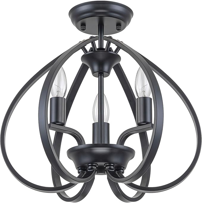 Modern Black Semi Flush Mount Ceiling Light, 15" Farmhouse Globe Cage Chandelier with E12 Base, 40W Max, No Assembly Required, Gothic Semi Flush Ceiling Fixture for Foyer Hallway Bedroom Stairwell