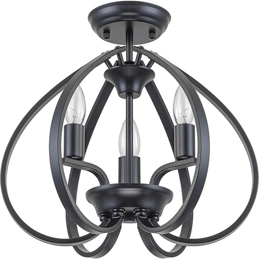 Modern Black Semi Flush Mount Ceiling Light, 15" Farmhouse Globe Cage Chandelier with E12 Base, 40W Max, No Assembly Required, Gothic Semi Flush Ceiling Fixture for Foyer Hallway Bedroom Stairwell