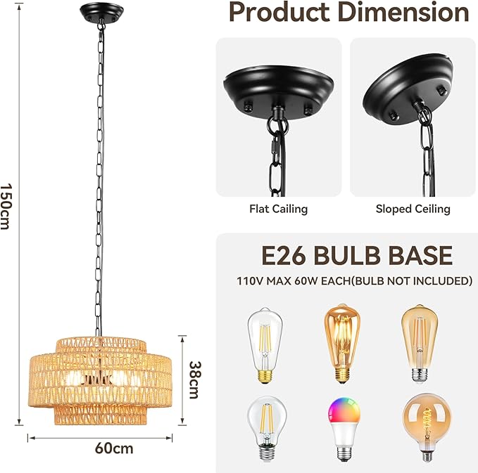 24" Large Rattan Chandelier, 6-Light Boho Dining Room Light Fixture Over Table, Natural Handwoven Wicker Pendant Lamp for Living Room, Coastal Farmhouse Hanging Ceiling Light