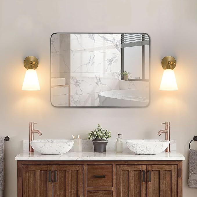 MWZ Gold Wall Sconce Decor 2 Pack,Modern Brushed Brass Sconces Lighting with White Glass Shade,Bathroom Light Fixtures Over Mirror,Vanity Lights Over Sink,Indoor Wall Mount Adjustable Angle Lamp
