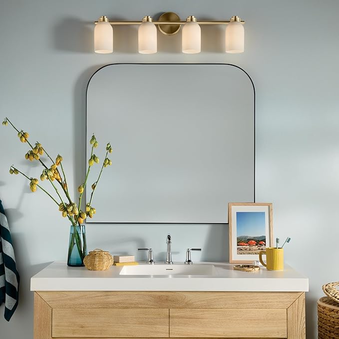 Kichler Shae 32.25" 4-Light Bathroom Vanity Light Fixture with White Opal Glass Shade in Champagne Bronze for Mirror Lighting Over Vanity and Powder Room (32.25" W x 9" H), 55203CPZ