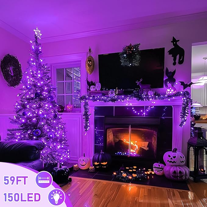 JMEXSUSS 150 LED Purple Christmas Lights Indoor, 8 Modes Connectable String Lights Outdoor Waterproof, 59FT Purple Twinkle Fairy Light for Tree Party Bedroom Home Christmas Decorations (Pack of 2)