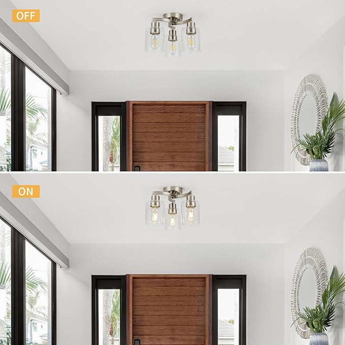 WILON Semi Flush Mount Ceiling Light Fixture, 3-Light Brushed Nickel Light Fixture with Clear Glass Shade, Modern Chandelier Small Ceiling Lamp for Kitchen Hallway Entry Way Bedroom Foyer Dining Room