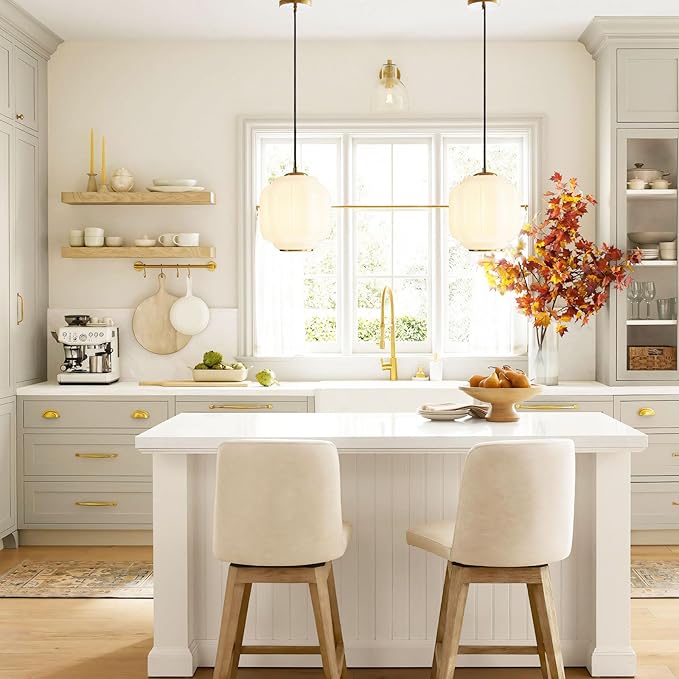 Vintage Milk Glass Pendant Lights Kitchen, Brass Color Glass Ceiling Light Fixture, Retro Industrial Pendant Lighting for Dining Room, Kitchen, Bedroom, Entryway, Hallway (White and Gold, 7in)