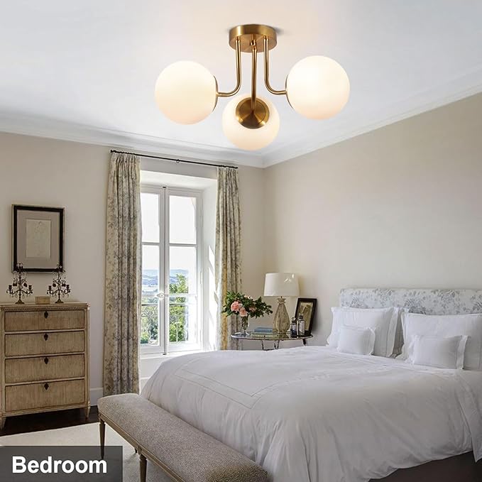 Bektas 3-Lights Semi Flush Mount Ceiling Light Fixture Brushed Gold Light Fixture Bend Modeling with Milk Glass Globe for Bedroom,Living Room,Dinning Room Foyer Hallway