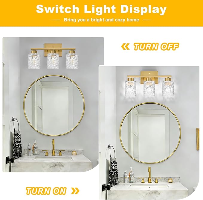 Brushed Gold Bathroom Light Fixtures, 3-Light Modern Bathroom Vanity Wall Light, Vanity Lights for Mirror, Wall Sconces with Clear Textured Glass (E26 Socket, Bulbs Not Included)