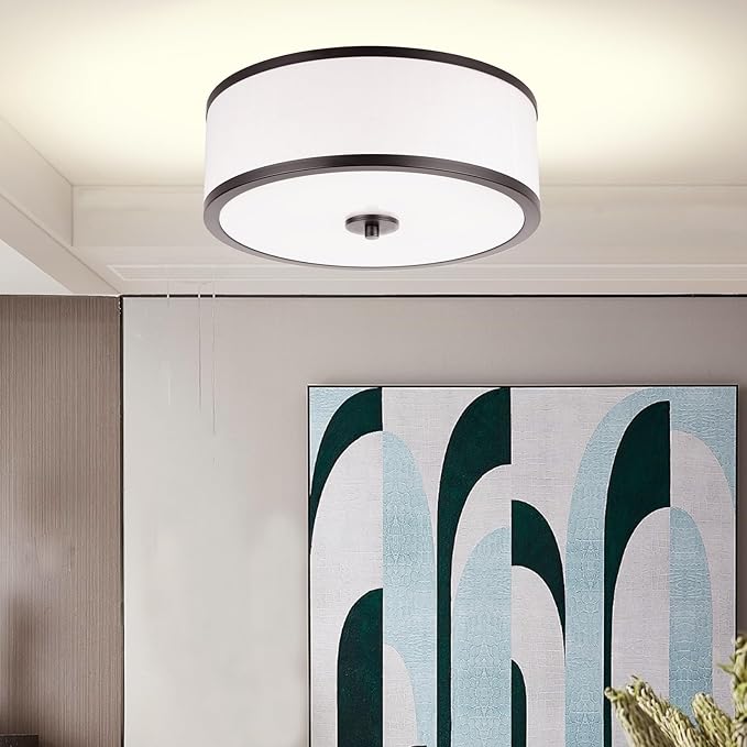 3-Light Flush Mount Ceiling Light Fixture, 12.6 " Drum Light with White Fabric Shade, Modern Close to Ceiling Light for Living Room Bedroom Dining Room Kitchen Hallway Entry (Matt Black)