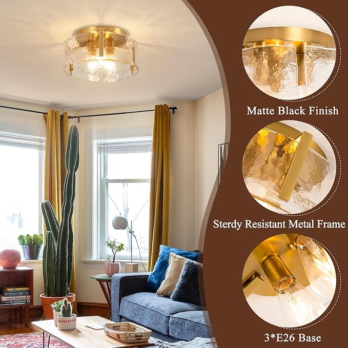 Gold Semi Flush Mount Ceiling Light Fixture, Modern Flush Mount Ceiling Lights, 3-Light Glass Drum Fixture for Dining Room, Farmhouse Foyer Lighting Fixtures for Kitchen, Entryway, Hallway, Bedroom
