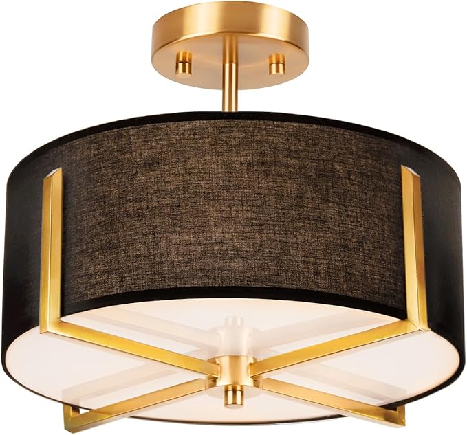 Edwarmlux 3-Light Semi Flush Mount Ceiling Light Fixture, 13.7" Gold Drum Light with Black Fabric Shade, Modern Close to Ceiling Lamp for Living Room Bedroom Dining Room Kitchen Hallway Entry Foyer