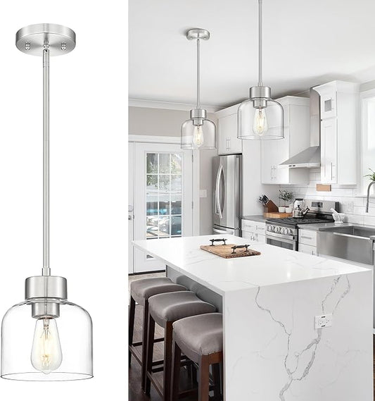 Pendant Lights Kitchen Island, 7" Brushed Nickel Hanging Lights Fixtures with Clear Glass Shade, Modern Kitchen Pendant Lighting Over Island for Dining Room, AD-24024-1P-SN