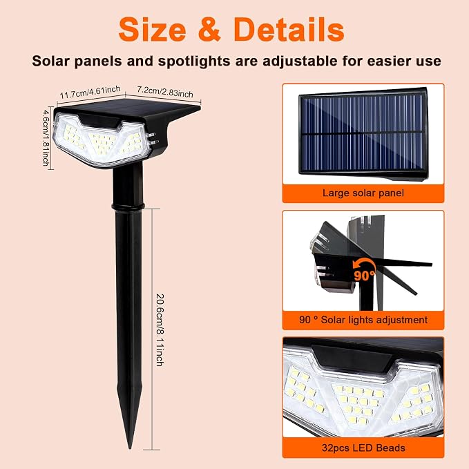 Solar Spot Lights Outdoor 1000lm, 6500K IP65 Waterproof with 3 Modes, 15H+ Long Lasting Stay On Stake Lights for Yard Garden House Garage Pathway (2 Pack)