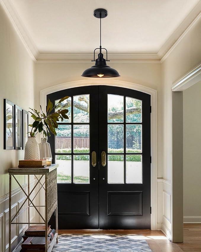 Farmhouse Pendant Lighting for Kitchen Island 2 Pack,Black Pendant Light with Handle, Adjustable Height Industrial Ceiling Light Fixture for Hallway Dining Room Restaurant