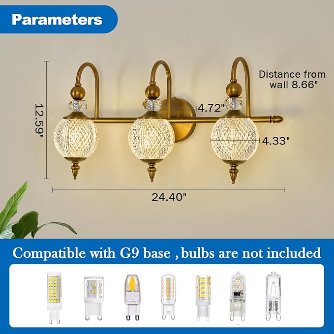 Vintage Vanity Light 3 Lights Gold Bathroom Light Fixtures Over Mirror with Acrylic Globe Shade