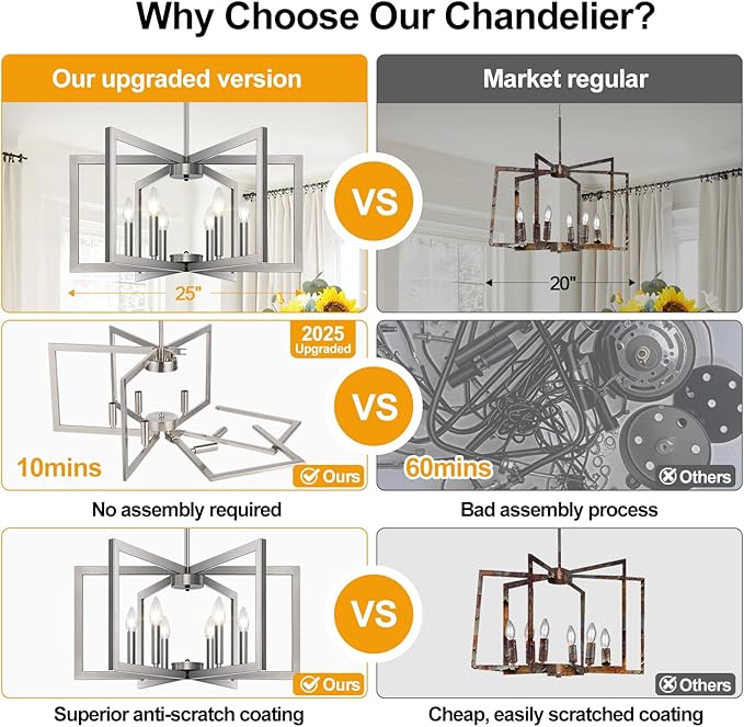 25" Modern Brushed Nickel Chandelier for Dining Room, No Assembly Required Brushed Nickel Dining Room Light Fixture Over Table, Industrial Metal Hanging Pendant Lights Fixture for Kitchen Island