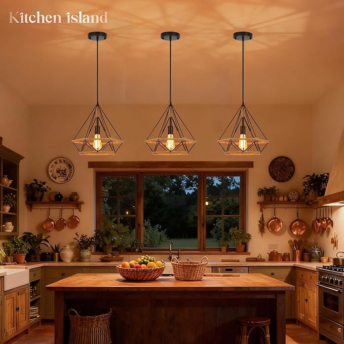ropelux Pendant Lights Fixtures, Black Farmhouse Kitchen Island Lighting, Adjustable Height Modern Metal Hanging Light Fixture for Kitchen Island Sink Dining Room Bedroom- 1 Pc