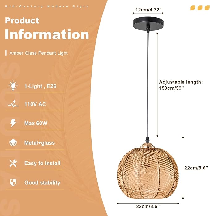Amber Glass Pendant Lights Kitchen Island Lighting 1-Light Farmhousde Ribbed Globe Pendant Light Fixture Adjustable Gold Ceiling Hanging Lamp for Kitchen Island Dining Room Bedroom Living Room