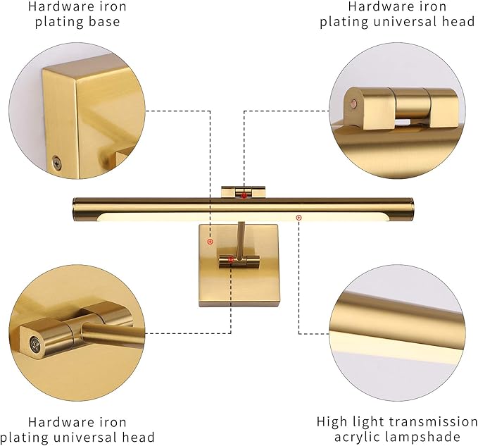 LED Picture Light Fixtures 16.54 Inches, Modern Metal Artwork Wall Lamps with Single Swing Arm, 7W (50W Eqv.), Hardwired Connection, Non-Dimmable, 3000K Warm White, CRI80+, Golden-Like Brass Finish