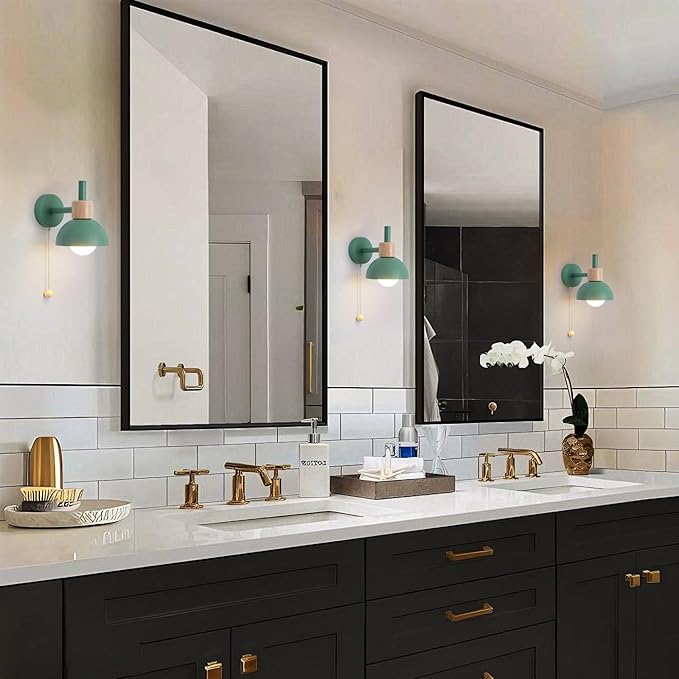 Pull Chain Wall Lights for Bedroom Modern Bathroom Wall Sconce Light with Switch E26 Socket Bedside Wall Lamps for Living Room Vintage Wall Light Fixtures for Hallway Porch Vanity Green