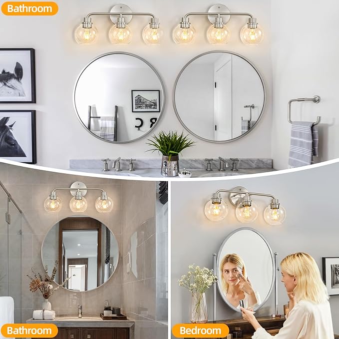 3 Light Bathroom Vanity Light Fixtures, Brushed Nickel Vanity Lights with Clear Globe Glass Shades, Modern Bathroom Lights Wall Sconce Wall Lamp for Mirror Living Room Kitchen Bedroom Hallway