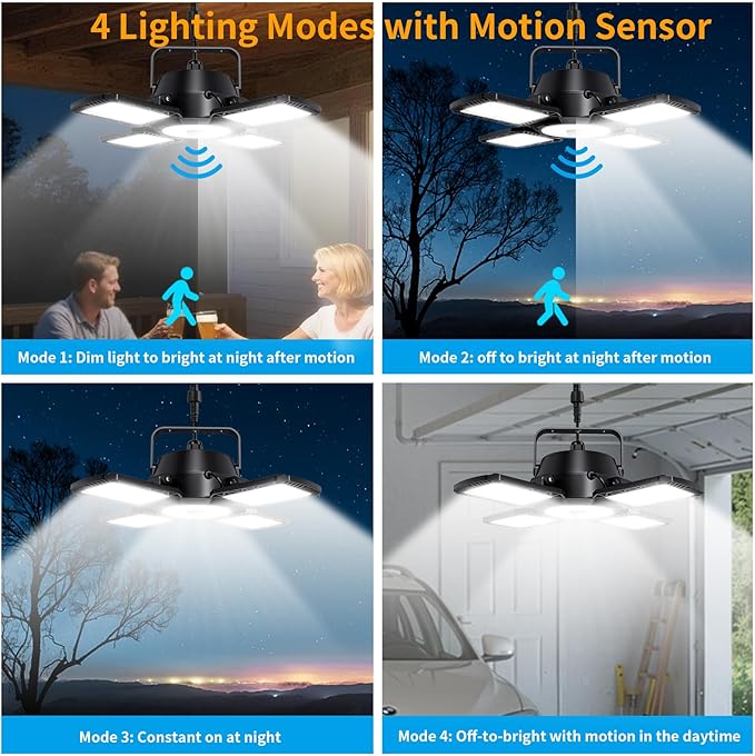 Auzev Solar Shed Light Indoor Outdoor Upgrade 176 LED 4 and 1 Heads Solar Powered Motion Sensor Pandent Daytime Work Lights with 4 Modes Remote Control Security lamp for Garage Gazebo Barn