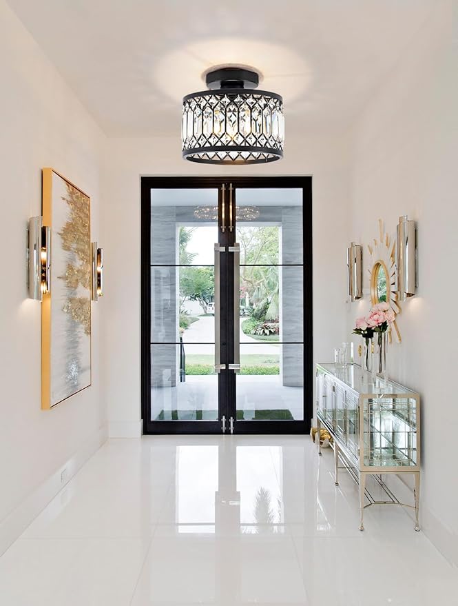 Crystal Black Ceiling Lights 9 Inch Modern Semi Flush Mount Ceiling Light Fixture,Farmhouse Rustic Chandelier for Entryway Porch Aisle Corridor Balcony