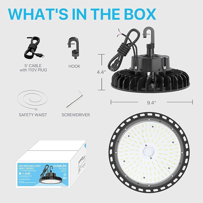 HYPERLITE High Bay Led Lights 100W 14,500LM (145lm/w) 5000K 1-10V Dimmable 5' Cable with 110V Plug US Hook UL Listed High Bay Led Shop Light for Barn Workshop Warehouse