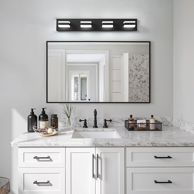 Bathroom Lighting Fixtures Over Mirror, 4 Light Bathroom Vanity Light Fixtures with Cool White 5000K, Matte Black LED Modern Vanity Wall Lights for Bath, Dressing Room, Restroom, 29.5 inch