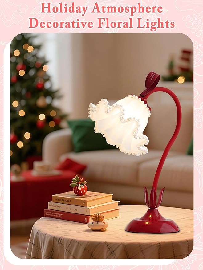 AQDZCNF Flower Table Lamp,LED Reading Light Bedside Vintage Flower Night Light,3 Colors Modes Kawaii Bedside Lamps Decor,Living Room Bedroom Room Lighting Table Lamps Home Decoration (Red Pearls)