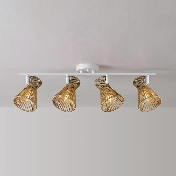 Globe Electric 64000050 28" 4-Light Track Lighting, Matte White, Natural Twine Shades, Ceiling Light, Pivot Shade, Kitchen Lights, 4 Bulb Track-Light
