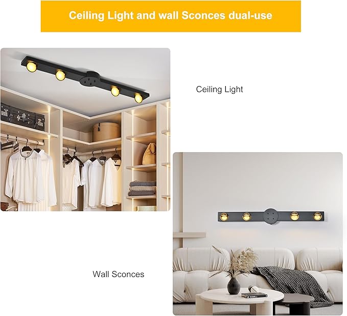 Garwarm Modern Ceiling Light Track Lighting, 31.5 Inch Dimmable LED Kitchen Ceiling Light Fixture with Remote 4-Light LED Chandelier Wall Sconce for Bedroom Dining Room Black