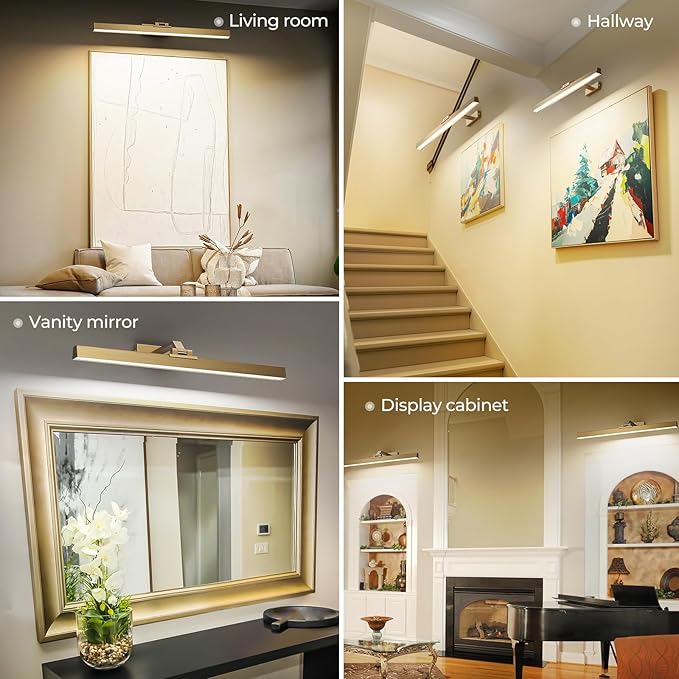 Afyuol Picture Lights for Wall, Brass Battery Operated Picture Light 24in Art Light CCT Dimmable Recharging Battery Wall Light with Remote Control for Living Room Gallery