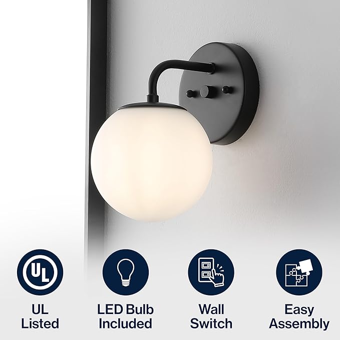 JONATHAN Y 5.75" Black 1-Light Modern Globe Wall Sconce Vanity Light for Bathroom, White Frosted Glass Shade, Midcentury Parisian Bistro Wall Lamp, LED Bulb Included (JYL3534B)