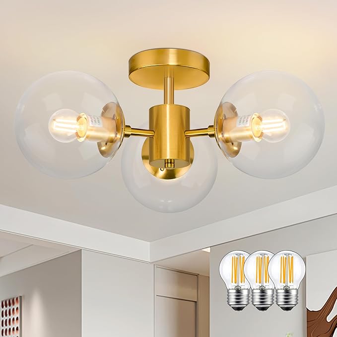 Mid Century 3-Light Clear Globe Glass Gold Chandelier 19 Inch Modern Brass Semi Flush Mount Ceiling Lights Modern Light Fixtures Ceiling Lights Fixture for Bedroom Living Room Hallway Entryway