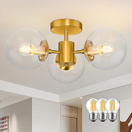 Mid Century 3-Light Clear Globe Glass Gold Chandelier 19 Inch Modern Brass Semi Flush Mount Ceiling Lights Modern Light Fixtures Ceiling Lights Fixture for Bedroom Living Room Hallway Entryway