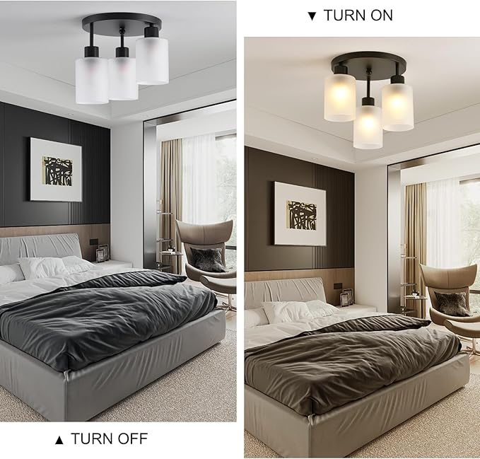 3-Light Industrial Farmhouse Black Matte Light Fixtures Ceiling Mount, with Frosted Glass Shades Semi Flush Mount Ceiling Light, for Hallway Fixtures Kitchen, Foyer