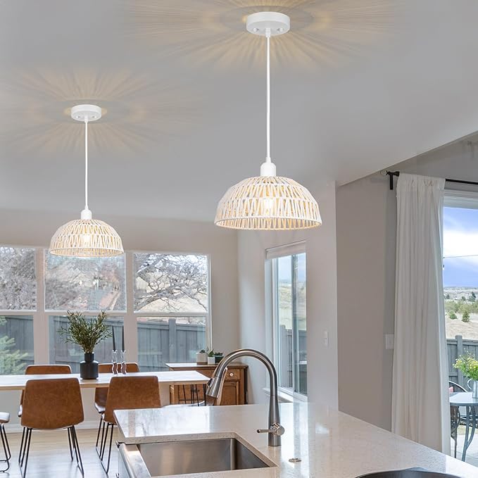 Rattan Pendant Light Fixtures 2 Packs, White Boho Woven Basket Pendant Light, Handmade Wicker Hanging Lamp, Rattan Chandelier for Kitchen Island, Dining Room, Living Room, Bedroom, E26 Base