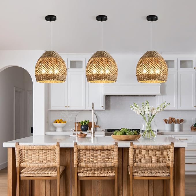 13.39" Rattan Pendant Light,Boho Hand Woven Wicker Hanging Light Natural Grass Rattan Chandelier for Dining Living Bedroom (Sand Black+Rattan)