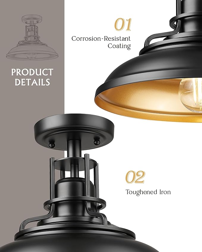 FEMILA Industrial Semi Flush Mount Ceiling Light, 12" Farmhouse Front Porch Ceiling Lighting Fixture, 2 Pack Outdoor Flush Mount Porch Light for Entryway, Hallway, Kitchen, 4FY15-F-2PK BK-1