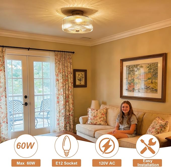 11.8 Inch Gold Semi Flush Mount Ceiling Light, 3-Light Hallway Light Fixture with Seeded Glass Shade, Mid-Century Modern Ceiling Light for Kitchen, Entryway, Foyer, Passage