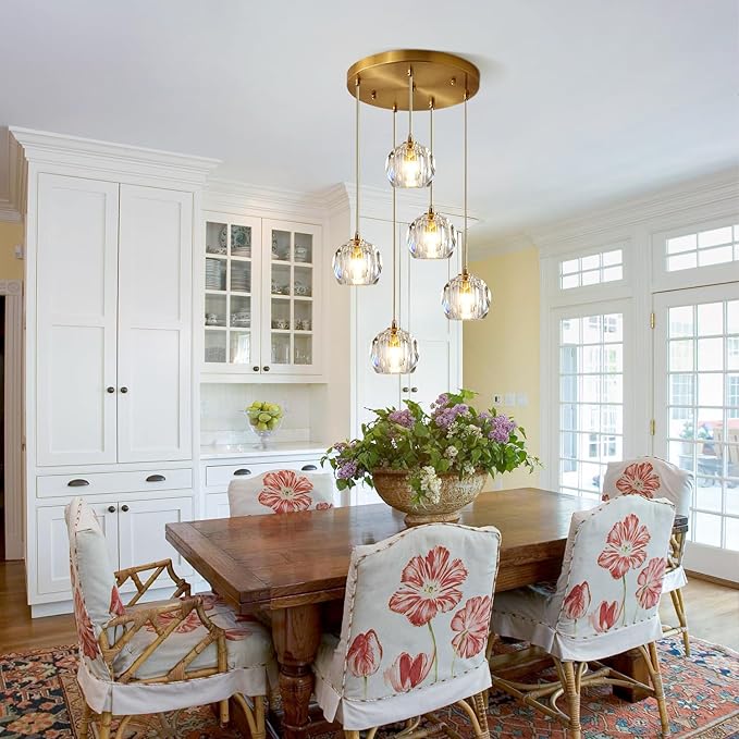 Mid Century 5-Lights Cluster Pendant Lighting Modern Gold Crystal Kitchen Island Pendant Light Multi Light Brass LED Pendant Light Fixture Clear Bubble Round Dining Chandelier