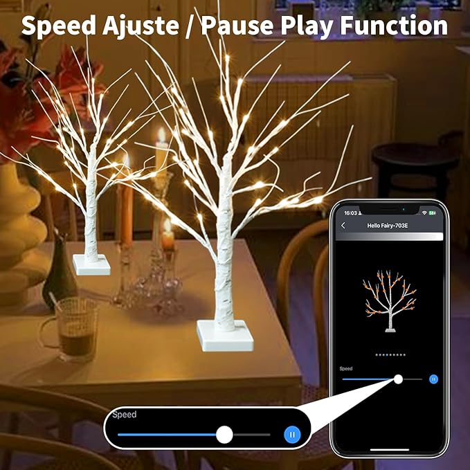 2FT Smart Birch Tree with LED Lights, Bluetooth App Controlled, 18 Modes, Dimmable, Timer, Music Sync, Warm White LED for Indoor Christmas Tabletop Centerpiece, Wedding & Valentine’s Day Decor, 2 Pack