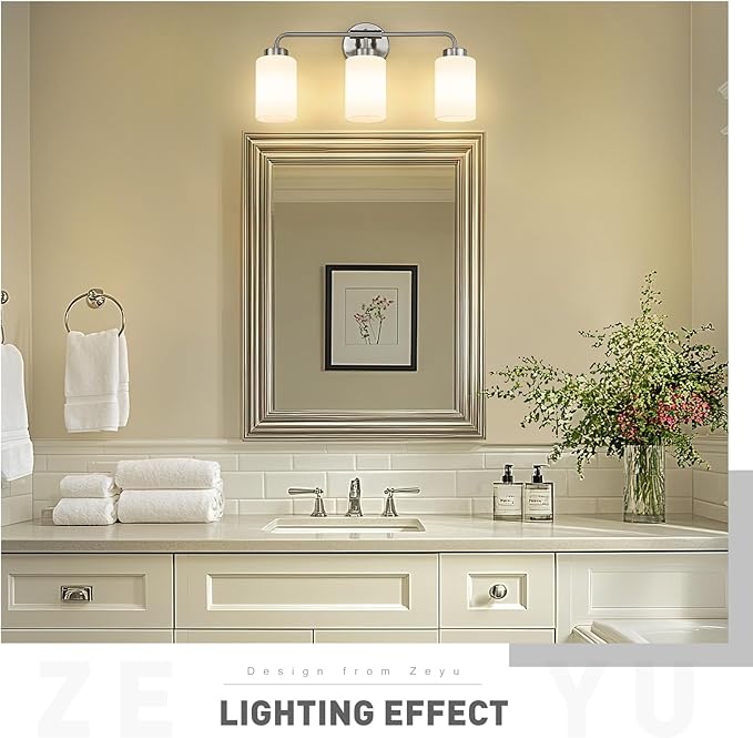 zeyu 21.6 Inch Bathroom Lights Fixtures Over Mirror, Modern Bathroom Wall Light with Milky White Glass Shade, Brushed Nickel Finish, ZS62B-3W BN