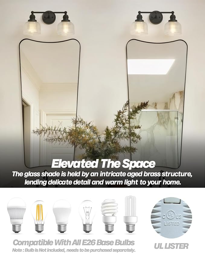 2-Light Vintage Wall Sconces,Double Black Bathroom Vanity Light with Clear Corrugated Glass Shade Hardwire Indoor Wall Sconce Lights Lamp for Bathroom Mirror Living Room Bedroom Kitchen