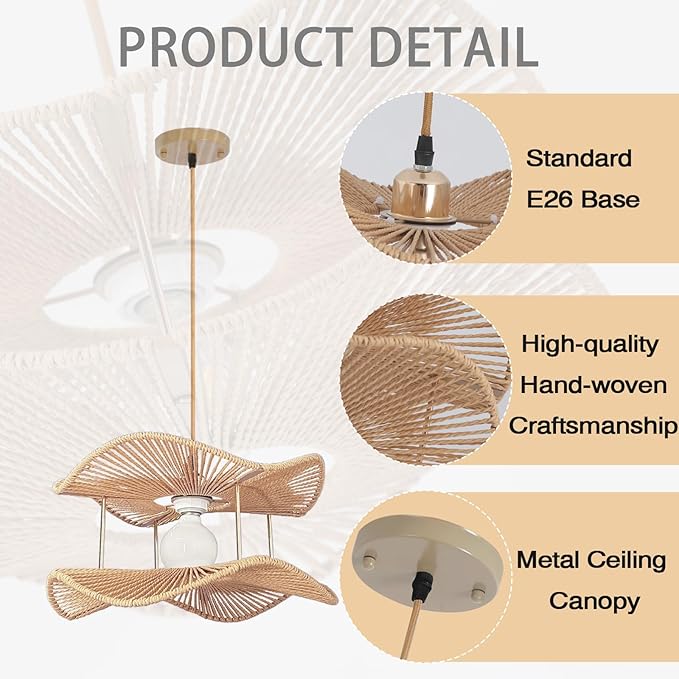 Farmhouse Rattan Pendant Lights 2-Tier Coastal Kitchen Light Over Island 15.8in Boho Rattan Hanging Lighting Wicker Woven Chandelier for Dining Room Bedroom Entryway Restaurant Foyer
