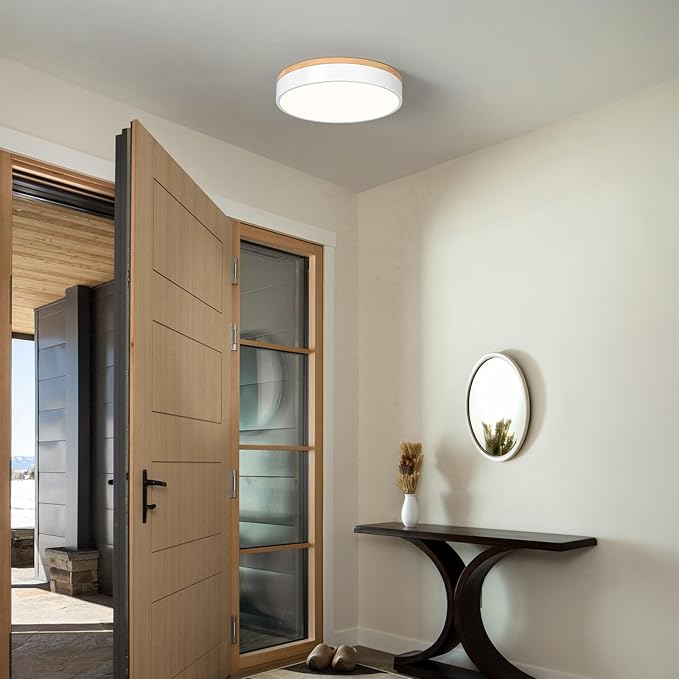 WOKNOS Dimmable Wood Ceiling Light Fixture 2700K-6000K 5CCT Modern White LED Flush Mount Ceiling Light Minimalist Circle Close to Lighting Fixture for Bedroom Kitchen Bathroom Laundry Room 11.81 Inch