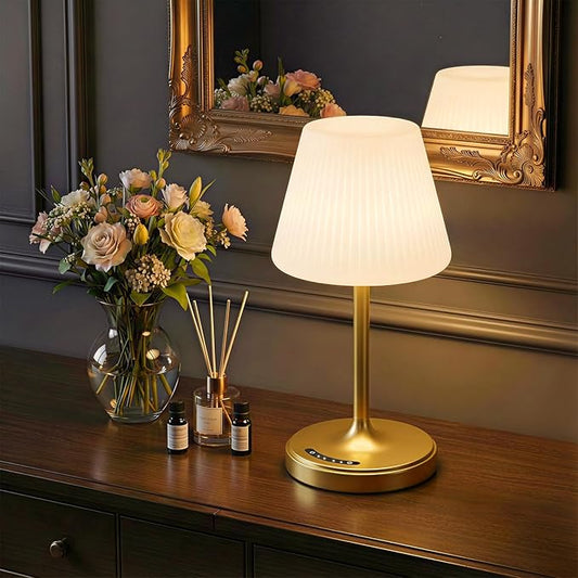 Cordless Table Lamp, Waterproof Shower Lamp, 4000mAh Rechargeable Table Lamps, 3-Color Dimmable Light, Battery Operated Lamp Desk Night Lamp for Bathroom Bedroom Patio Camping Restaurant (Gold)