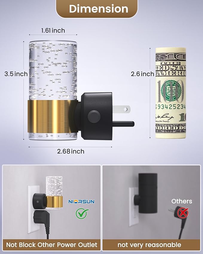 NIORSUN Night Light Plug into Wall, Dimmable Nights Lights with 3 CCT & 5 Brightness Levels, Slim Acrylic Plug in Night Light, Auto Dusk to Dawn Sensor for Stairs, Hallway, Bathroom, Gold, 2 Pack